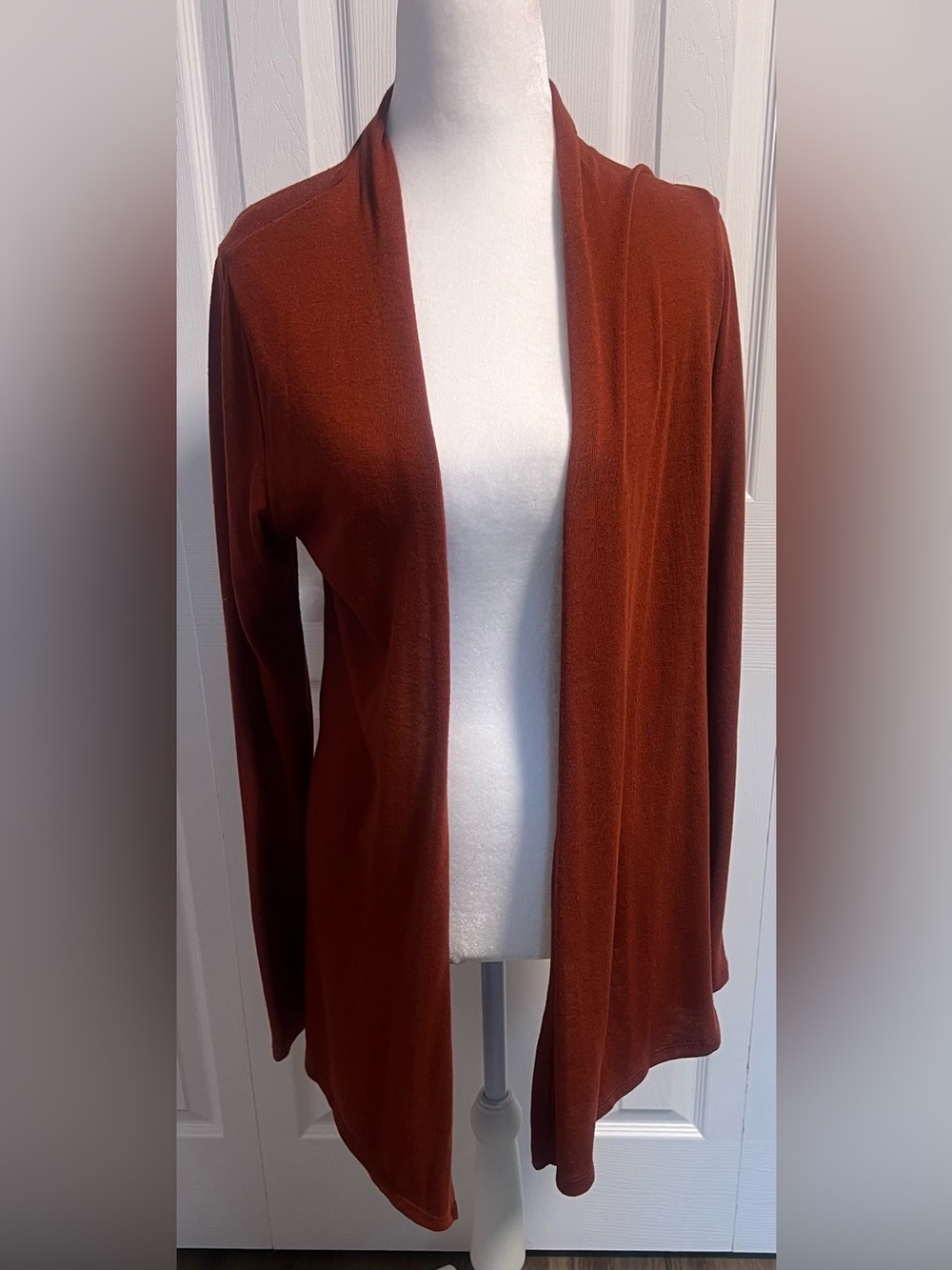 Market & Spruce Draped Open-Front Cardigan in rust